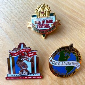 Three Pro football hall of fame collectible pins